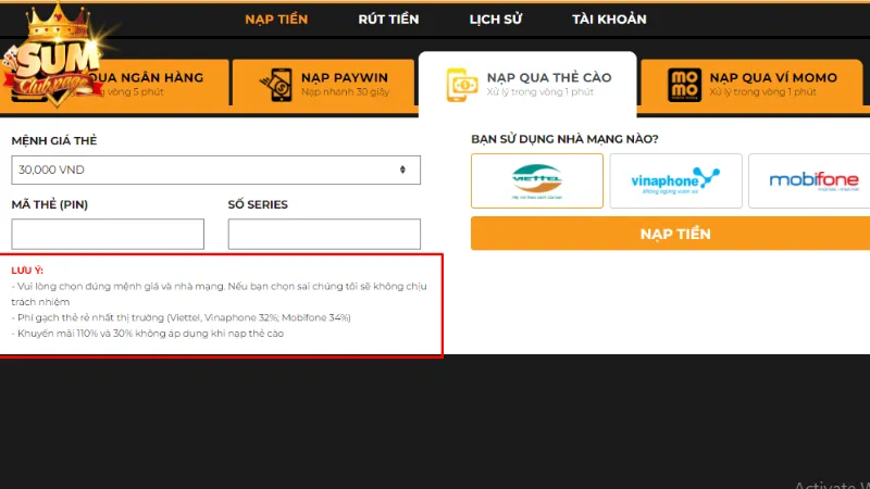Rút tiền bằng thẻ cào điện thoại